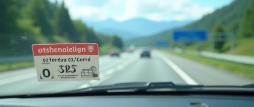 Österreichische Vignette auf einer Windschutzscheibe, dahinter Autobahnauffahrt