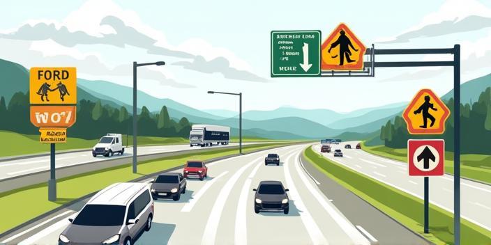 Fotomontage: Verkehrssicherheitszeichen, Stautipps, Rettungsgasse illustriert auf Autobahn